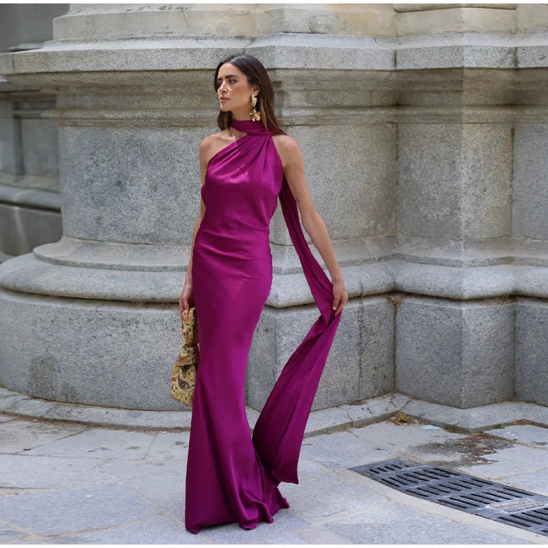 Sexy Satin Halter Backless Party Dress – Off Shoulder Sleeveless Solid Robe Gown 2026