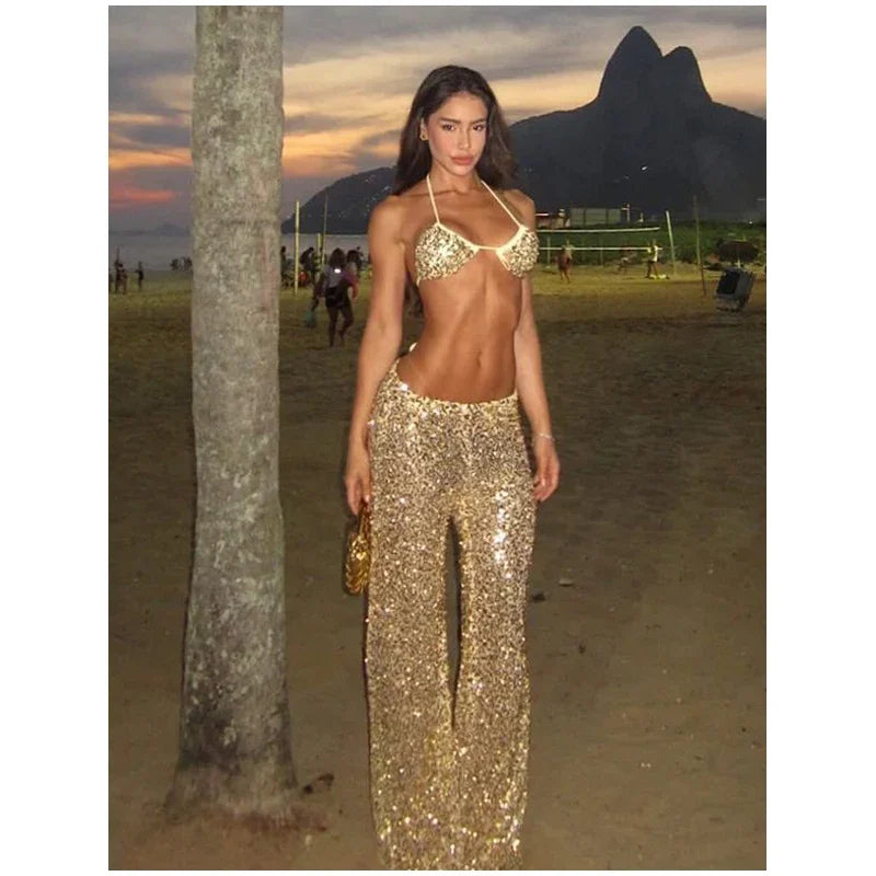 Sexy Sequin Bikini Pants 2-Piece Set | Off-Shoulder Halter, Sleeveless, Holiday Beach Outfit, S-L