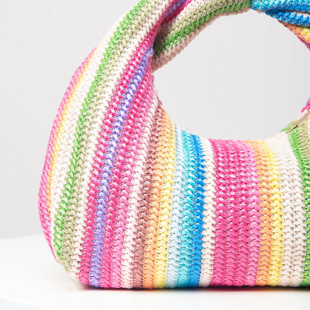 Colorful Ruched Striped Square Beach Bag – Summer Vacation Shoulder Bag for Women