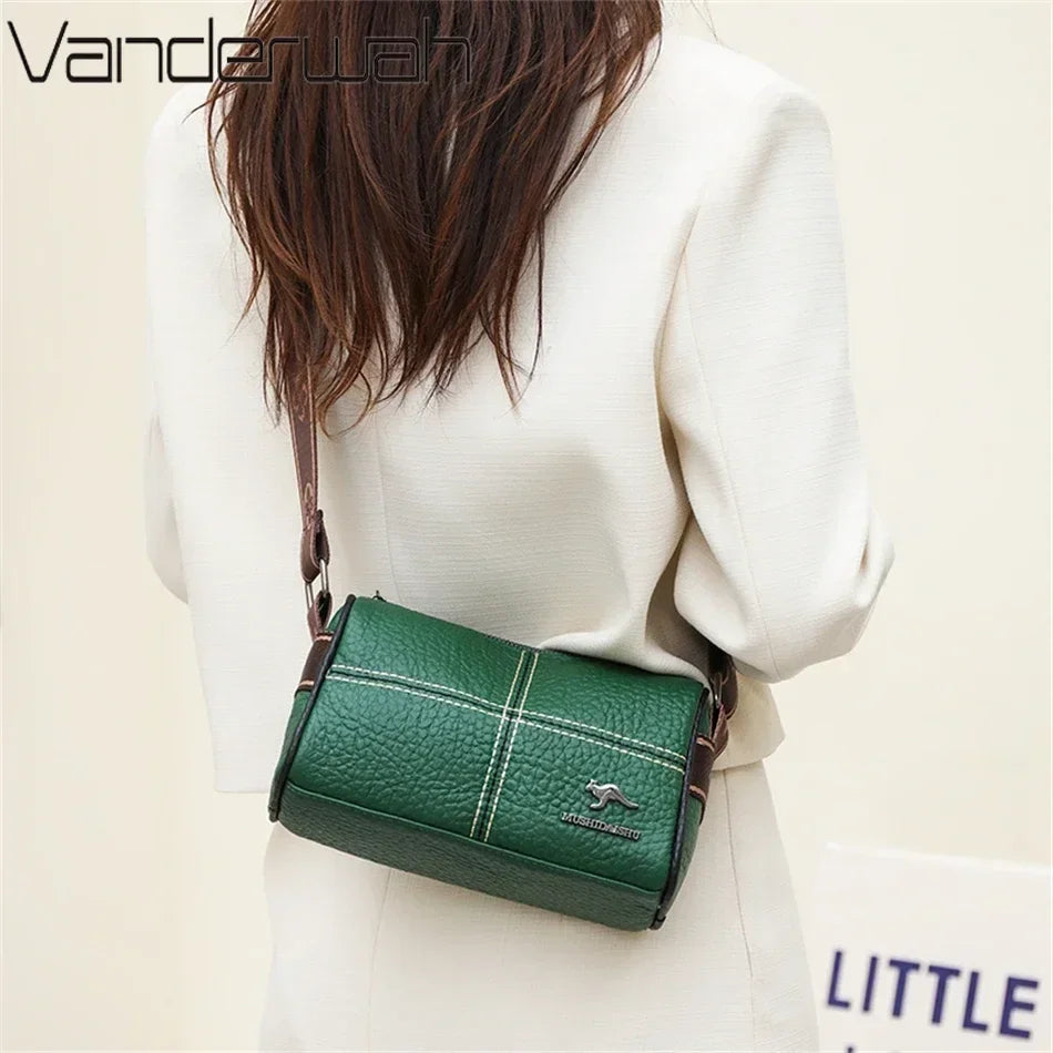 Luxury Genuine Leather Barrel Crossbody Bag – Sequin Shoulder Messenger Bag for Women