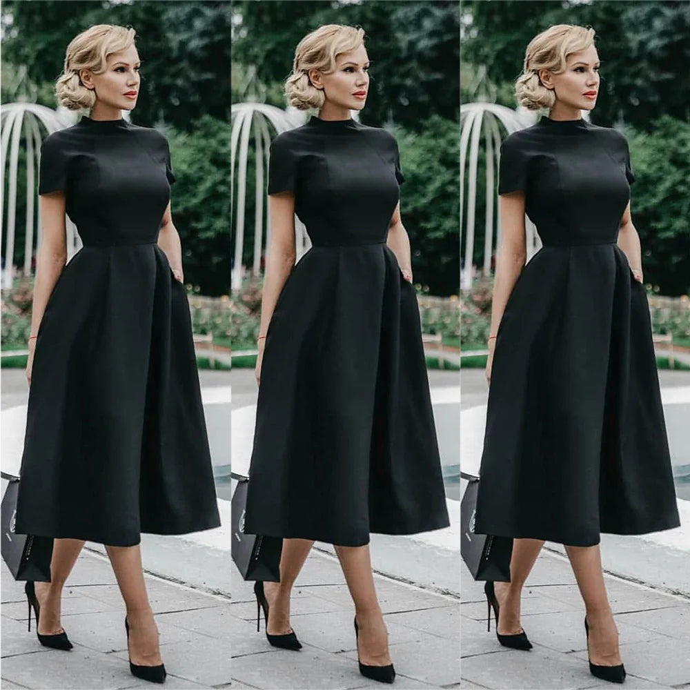 Women Elegant Black Dress Half High Collar High Waist A-Line Dresses Slim Fit Midi Dress Office Lady Female Solid Vestidos Robe