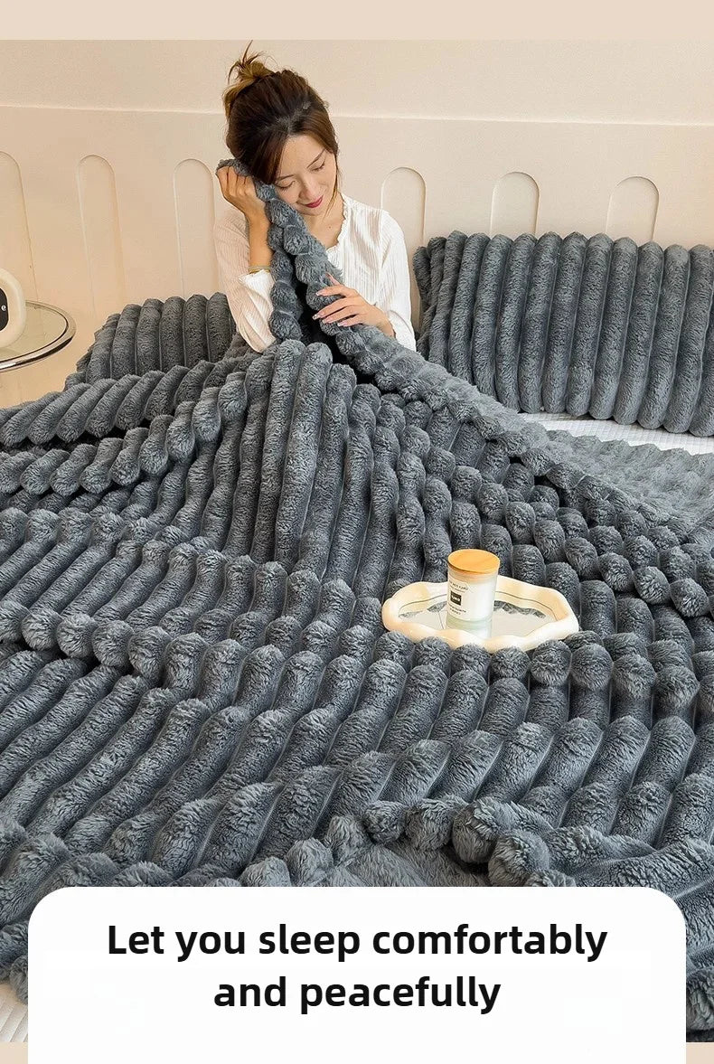 Striped Plush Blanket – Soft Faux Rabbit Fur Throw