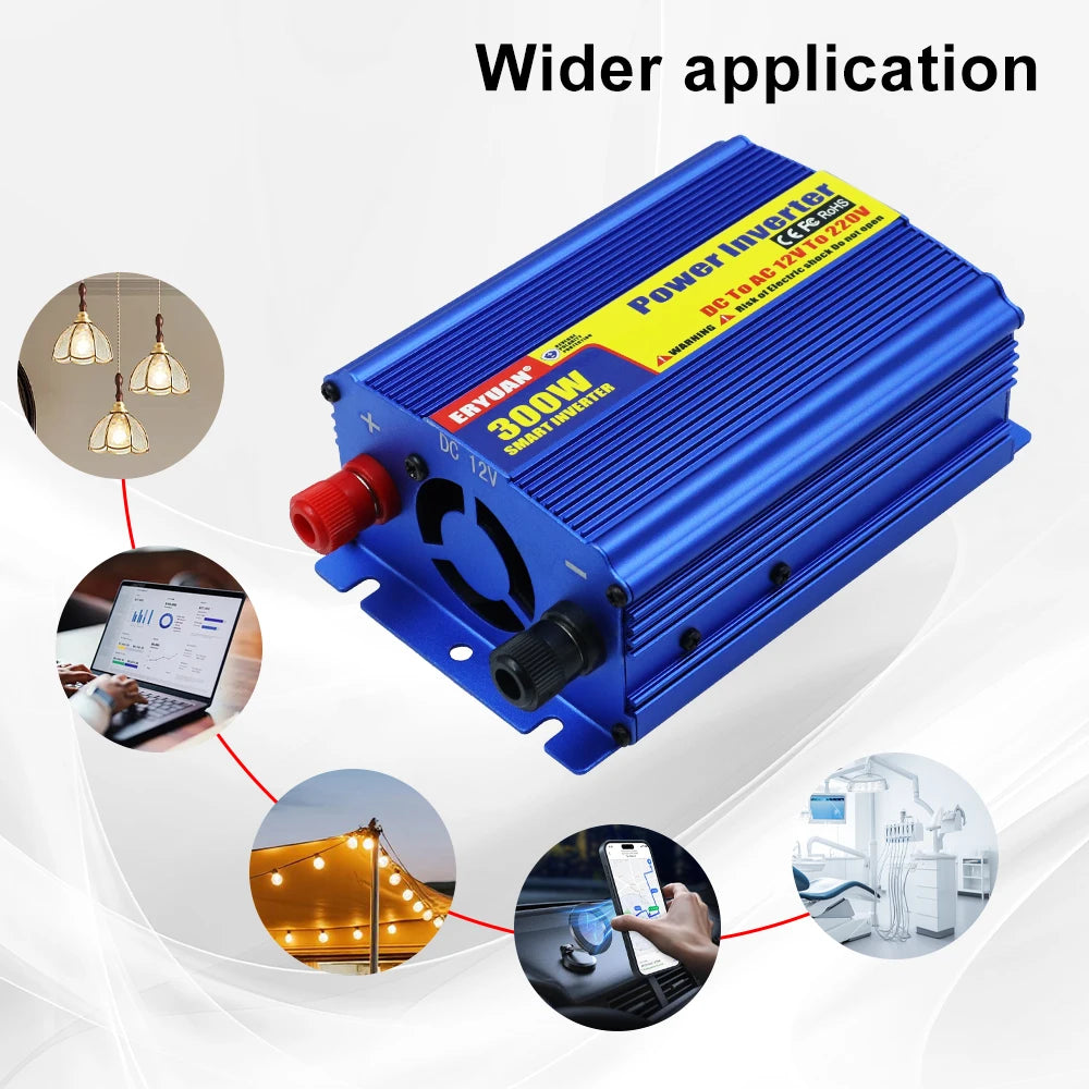 Blue 300W power inverter with red and black connectors, shown on a white background with the text 'Wider application' and circular inset photos demonstrating use cases like hanging lights, a laptop, string lights, and a smart device.