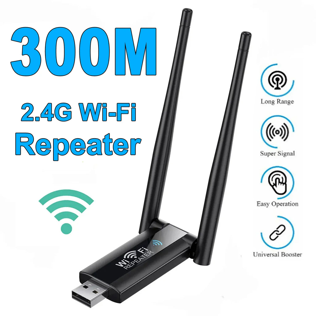 Stronger Signal. Every Room. — 2.4G 300Mbps USB WiFi Repeater & Signal Booster | Plug & Play, Long Range Extender, Home Network, CE Certified