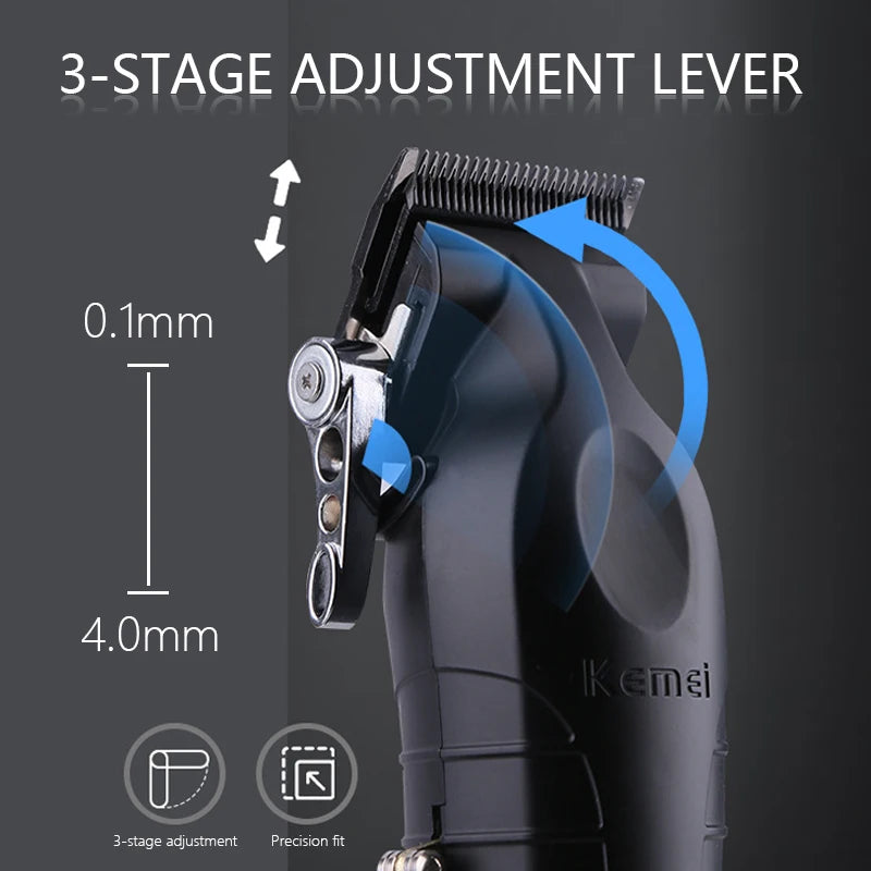 Kemei KM-2296 Professional Hair Clipper – Seat Charger, Stainless Steel Blade, 90-Min Battery, Cordless