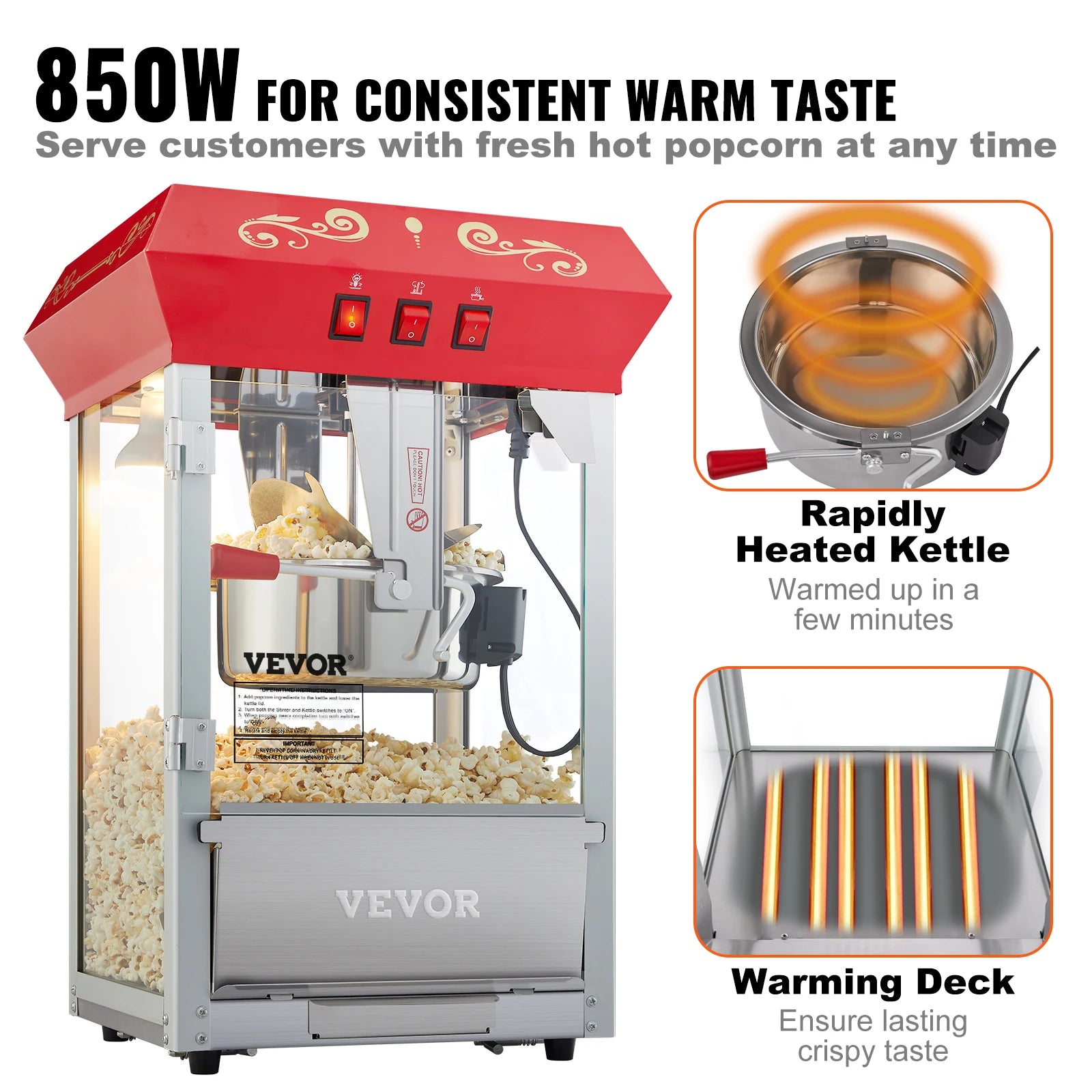 Commercial Electric Popcorn Maker 8/12oz — Automatic Popper, SUS304 Heating Tube (v2)