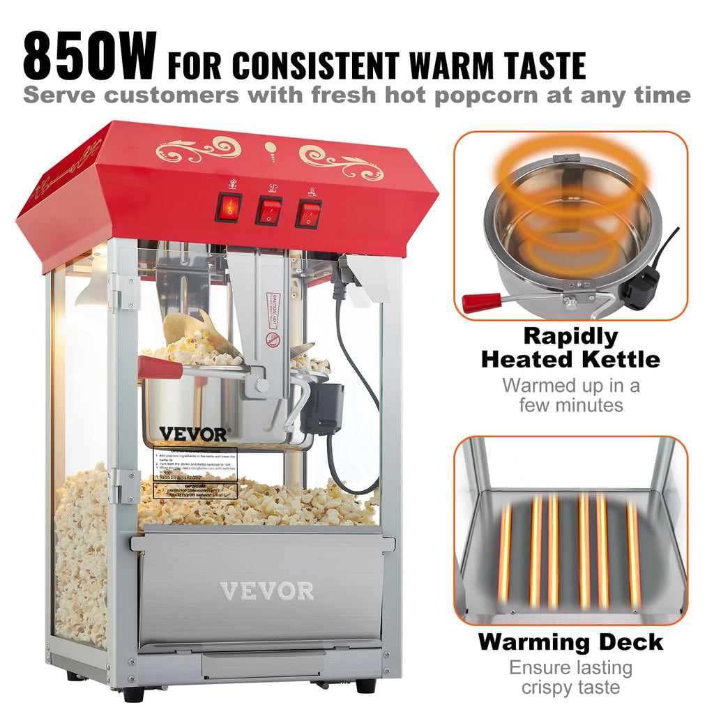 Commercial Electric Popcorn Maker 8/12oz — Automatic Popper with SUS304 Heating Tube