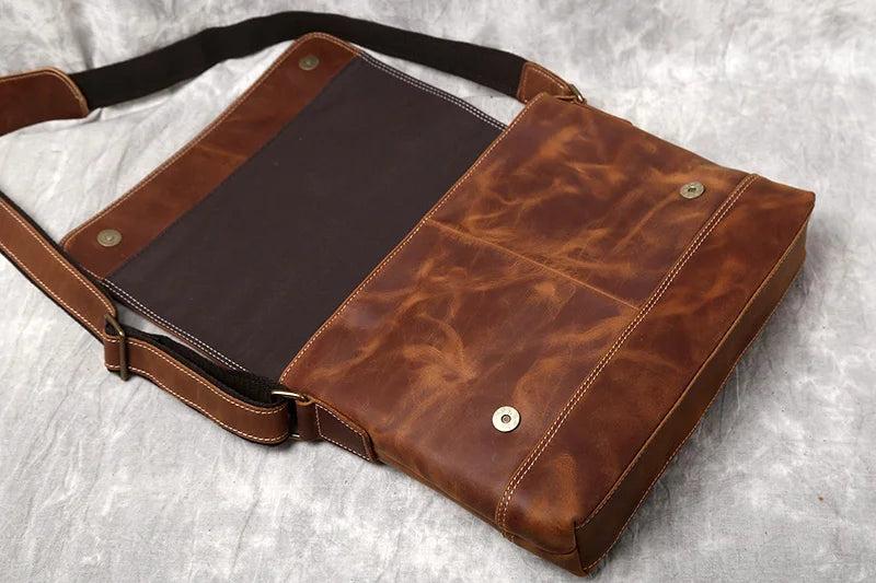 NZPJ New Leather Men's Shoulder Bag Retro Top Layer Cowhide A4 File Men's Bag Brown Handmade Crazy Horse Leather Messenger Bag