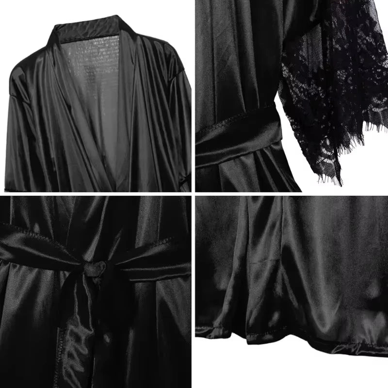 Women's Lace Floral Satin Night Gown Robe – Sexy French Silky Sleepwear with G-String