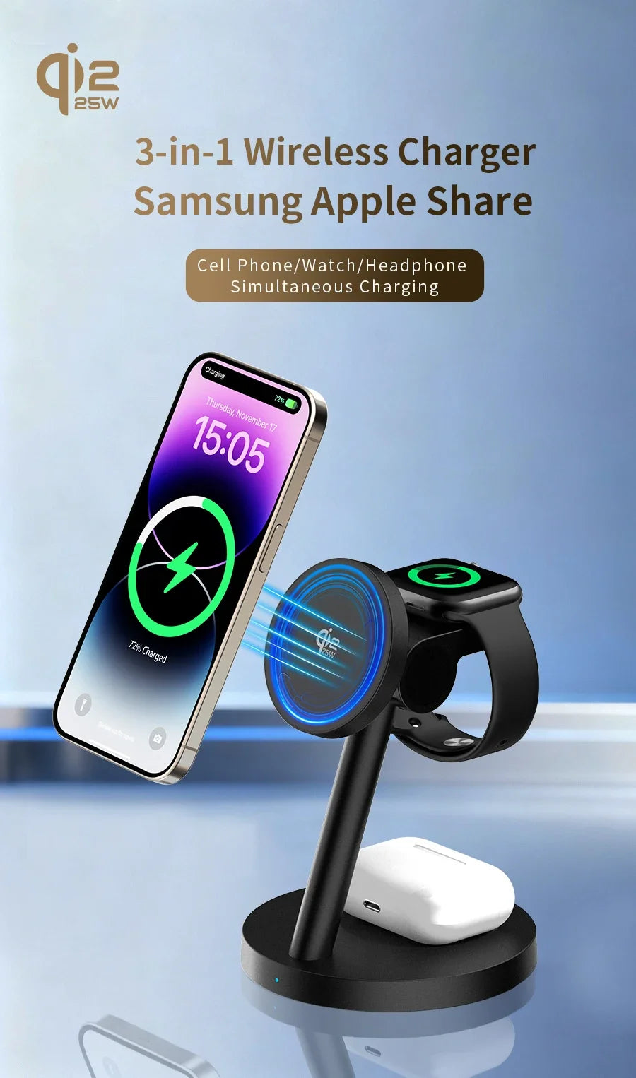 25W Qi2.2 Magnetic 3-in-1 Wireless Charging Station for iPhone & Apple Watch