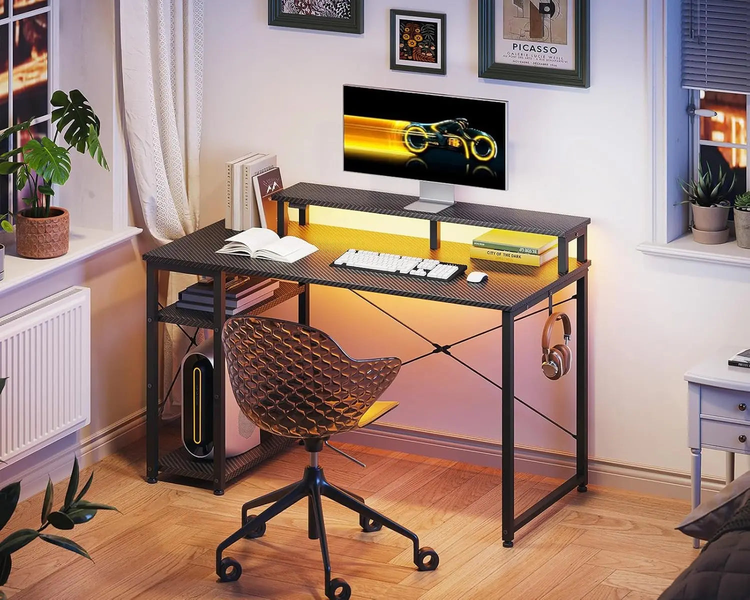 40 Inch Small Gaming Desk with LED Lights & Storage Shelf — Reversible Gamer Desk with Monitor Stand