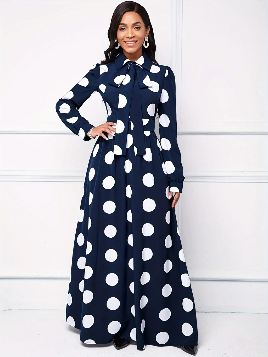 Bow Knot Polka Dot Maxi Dress — Long Sleeve Elegant Casual Lady Dress