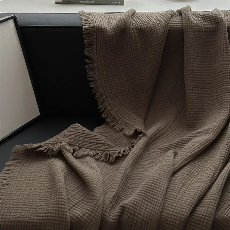 100% Cotton Tassel Blanket – Skin-Friendly Plaid Sofa Throw & Bed Shawl, Solid Color