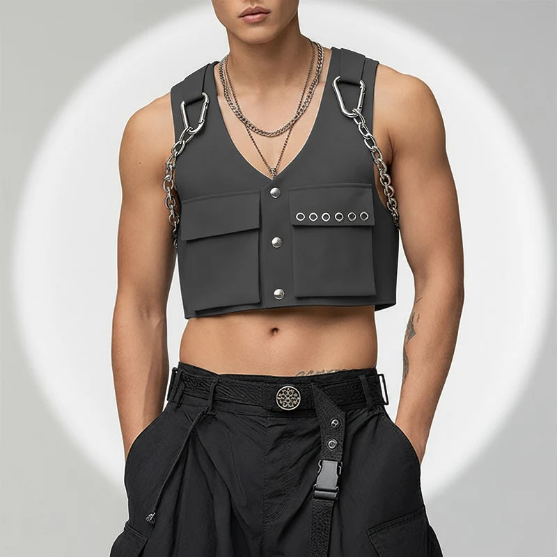 INCERUN Men's V-Neck Sleeveless Crop Vest — Solid Color Streetwear Waistcoat