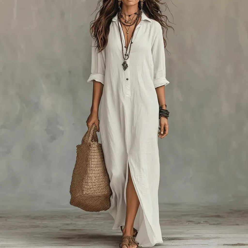 Women's Casual Long Sleeve Loose Maxi Dress – Solid Color Turn-Down Collar Beach & Elegant Dress