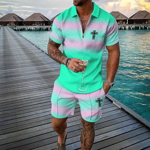 Men's 3D Printed Summer Tracksuit Set – Short Sleeve Polo Shirt & Shorts