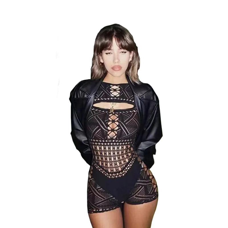 Women's Hollow Out Lace Bodycon Jumpsuit – Sexy Tight Lingerie Long Dress