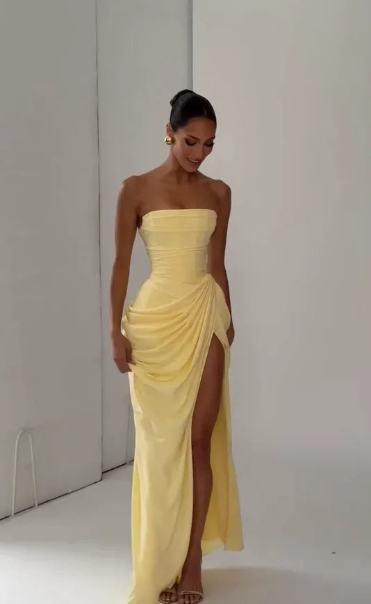 Sexy Strapless Pleated Maxi Dress – Off-Shoulder Backless High Waist Split Evening Party Gown
