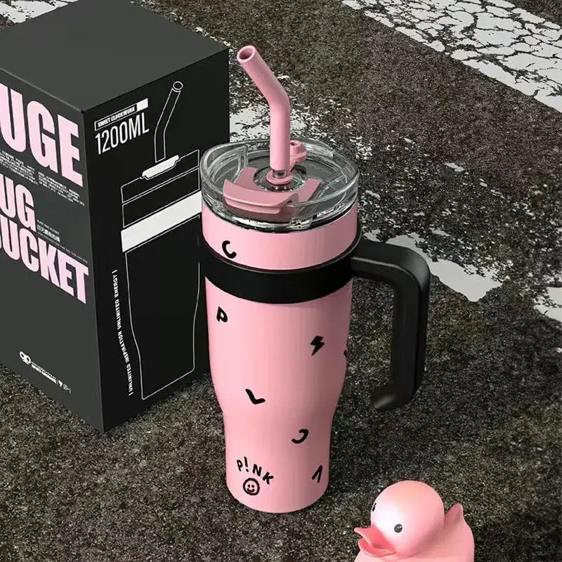 1200ml Stainless Steel Vacuum Insulated Tumbler with Straw – 6–12Hr Thermal, CIQ Certified, Outdoor & Travel, Pink & Black