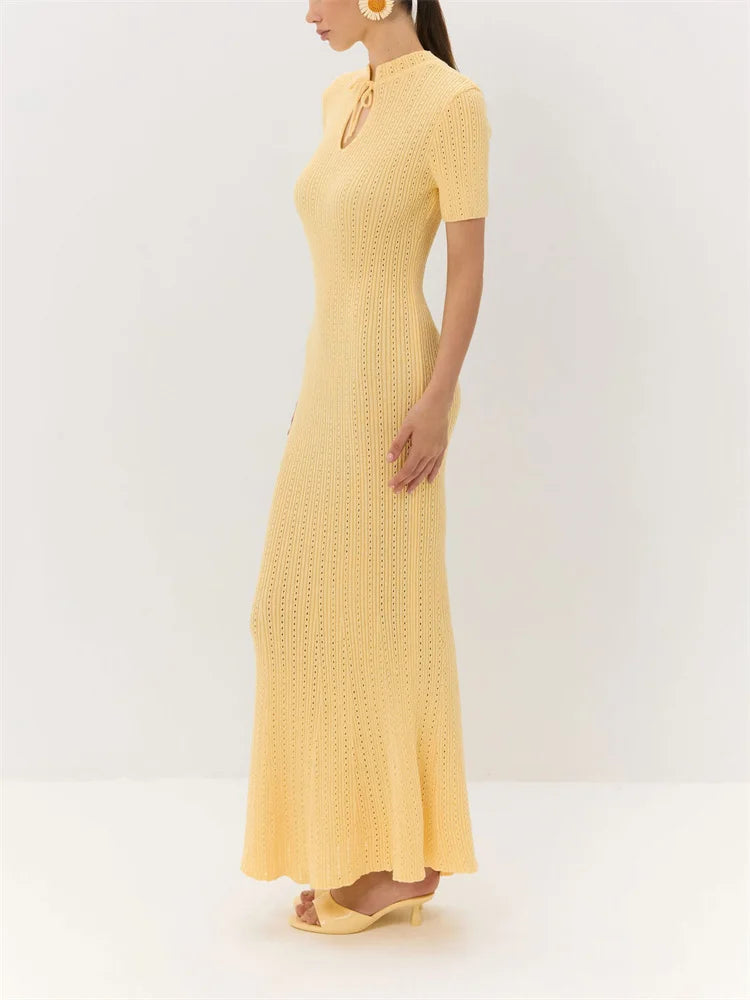 Tossy Knit Hollow Out Lace-Up Dress – Ribbed Short Sleeve Patchwork High Waist Elegant Long Dress
