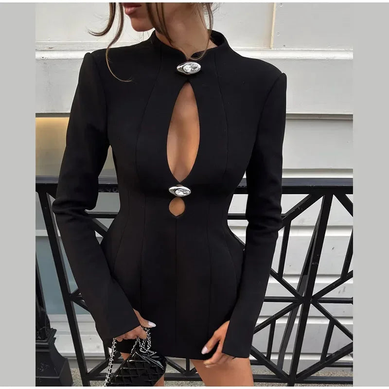 Waist-Cinching Blazer Mini Dress — V-Neck Full Sleeve Slim Office Dress