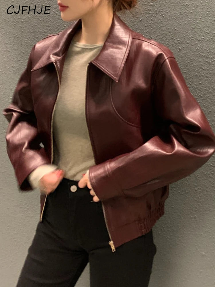 Women's Cropped Faux Leather Jacket – Lapel Zip Front