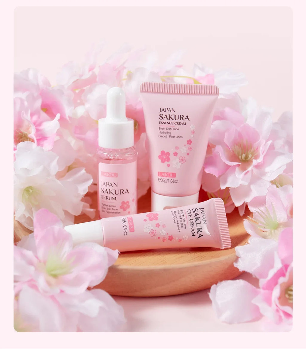 LAIKOU Sakura Skincare Gift Set – Brightening Serum, Eye Cream & Essence Cream 3-Piece Box