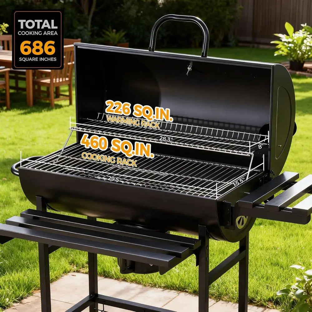 Portable 686 Sq. In. Charcoal BBQ Grill | Adjustable Air Vents, Built-In Thermometer, Folding Side Tables, 360° Wheels, Outdoor & Parties