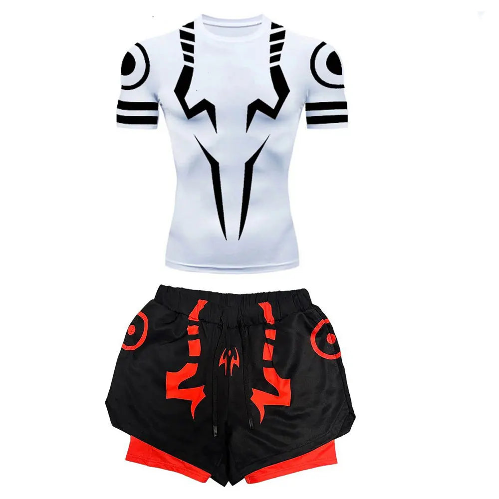 Anime Jujutsu Kaisen 3D Compression Shirt & Gym Shorts – Quick Dry Running Workout Sportswear