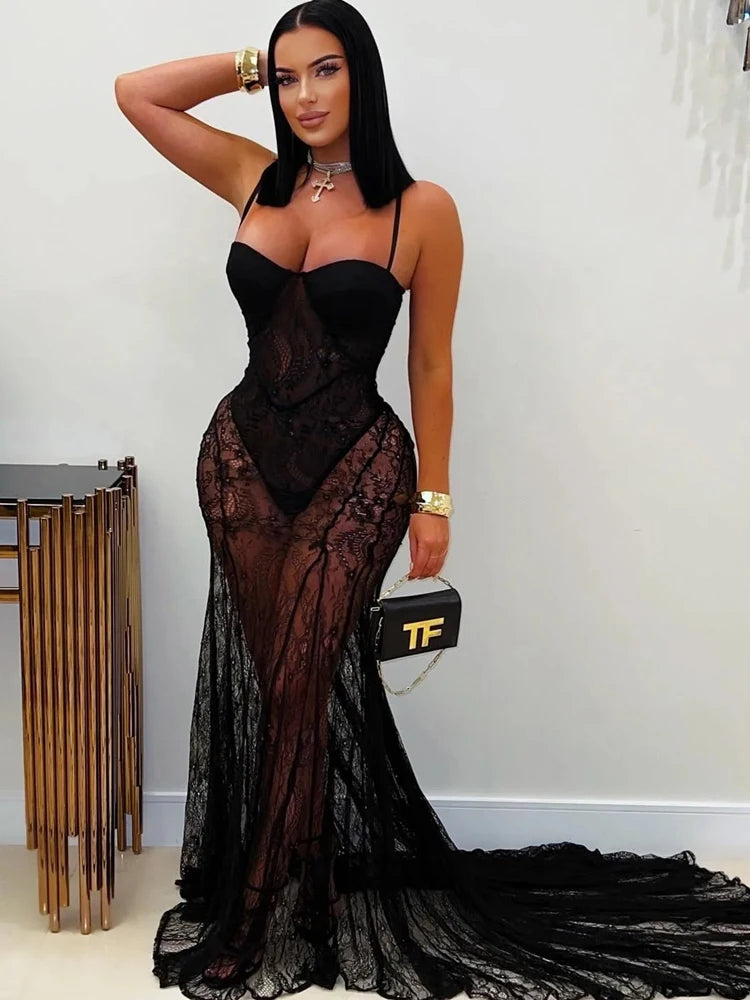 Sheer Lace Floral Bodysuit Dress — Strapless Mesh Night Out Gown