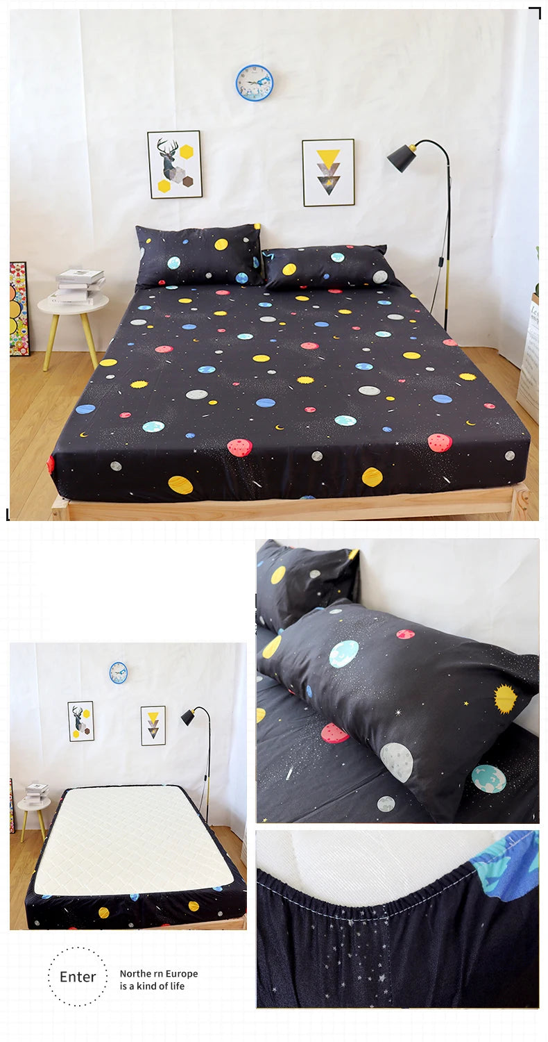 Marble Print Fitted Bed Sheet – Elastic Band, Single to King, All-Around Bed Cover