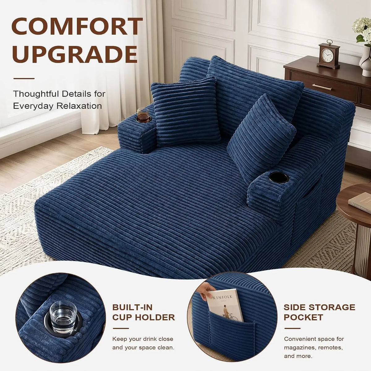 66-Inch Corduroy Chaise Lounge with 3 Pillows