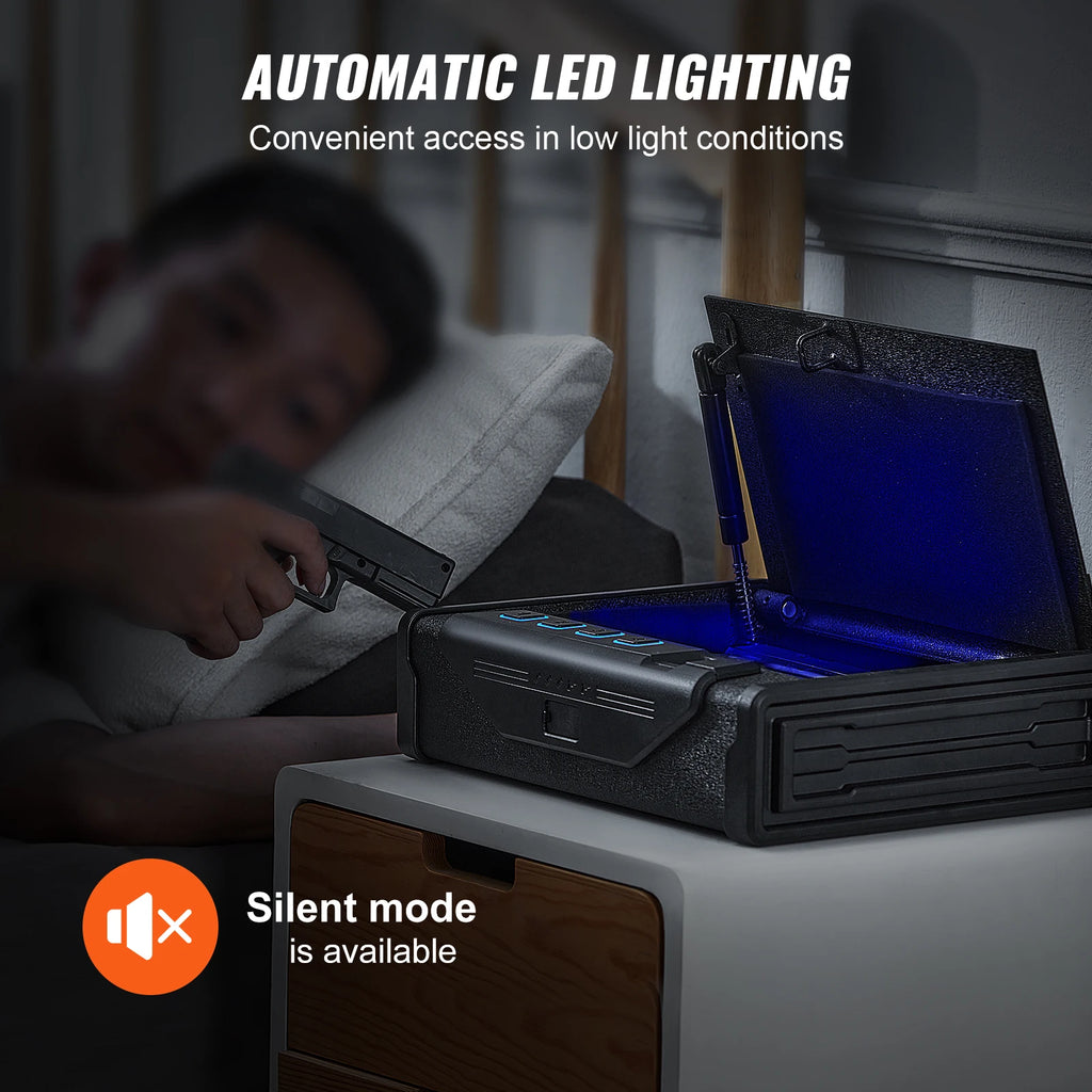 SucceBuy Pistol Safe — Q235 Steel, 3-Way Quick Access, Biometric Fingerprint, LED, Silent Mode