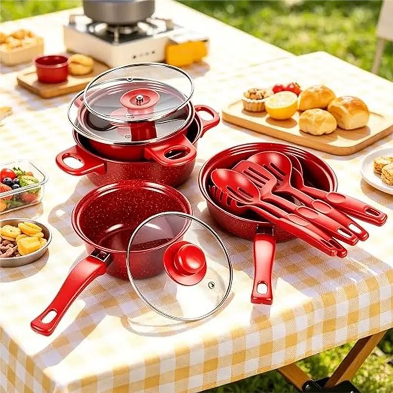 13-Piece Nonstick Cookware Set – Red Pots, Pan & Utensils