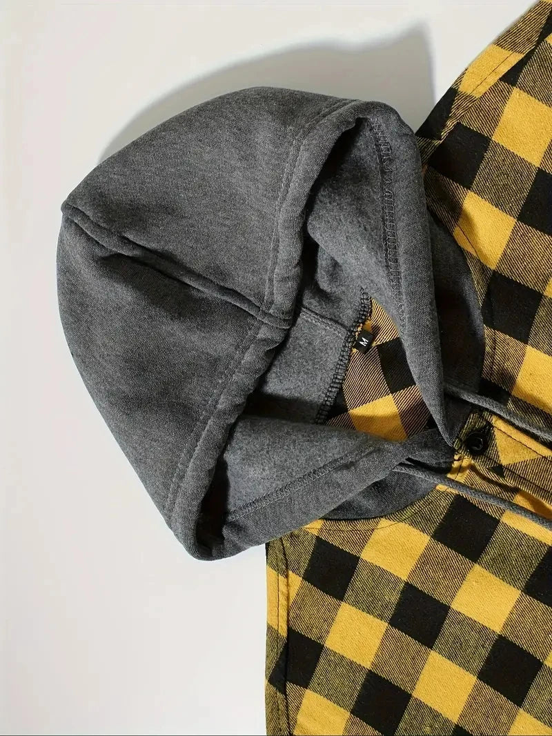 Men's Hooded Plaid Shirt Jacket – Casual Long-Sleeve Layer