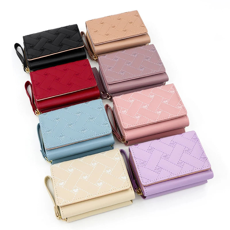 Women's Tri-Fold Wallet – Embroidered Love Pattern, Multi-Slot Card Holder