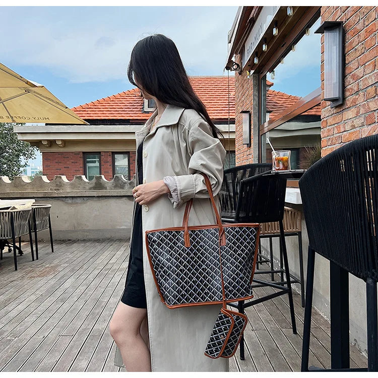 Embroidered Geometric PU Tote Shoulder Bag – Versatile Large Capacity Shopping Class Bag for Women