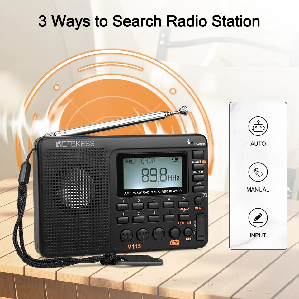 RETEKESS V115 Portable FM AM SW Radio — Rechargeable with USB