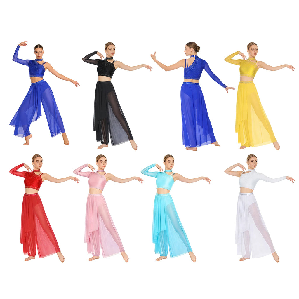 Women's Dance Performance Costume – Shiny Crop Top & Sheer Pants for Skating, Gymnastics & Ballet