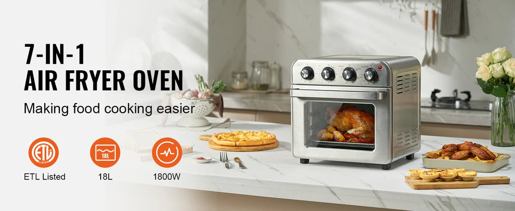 18L Air Fryer Toaster Oven 1700W — Stainless Steel Countertop Combo with Grill
