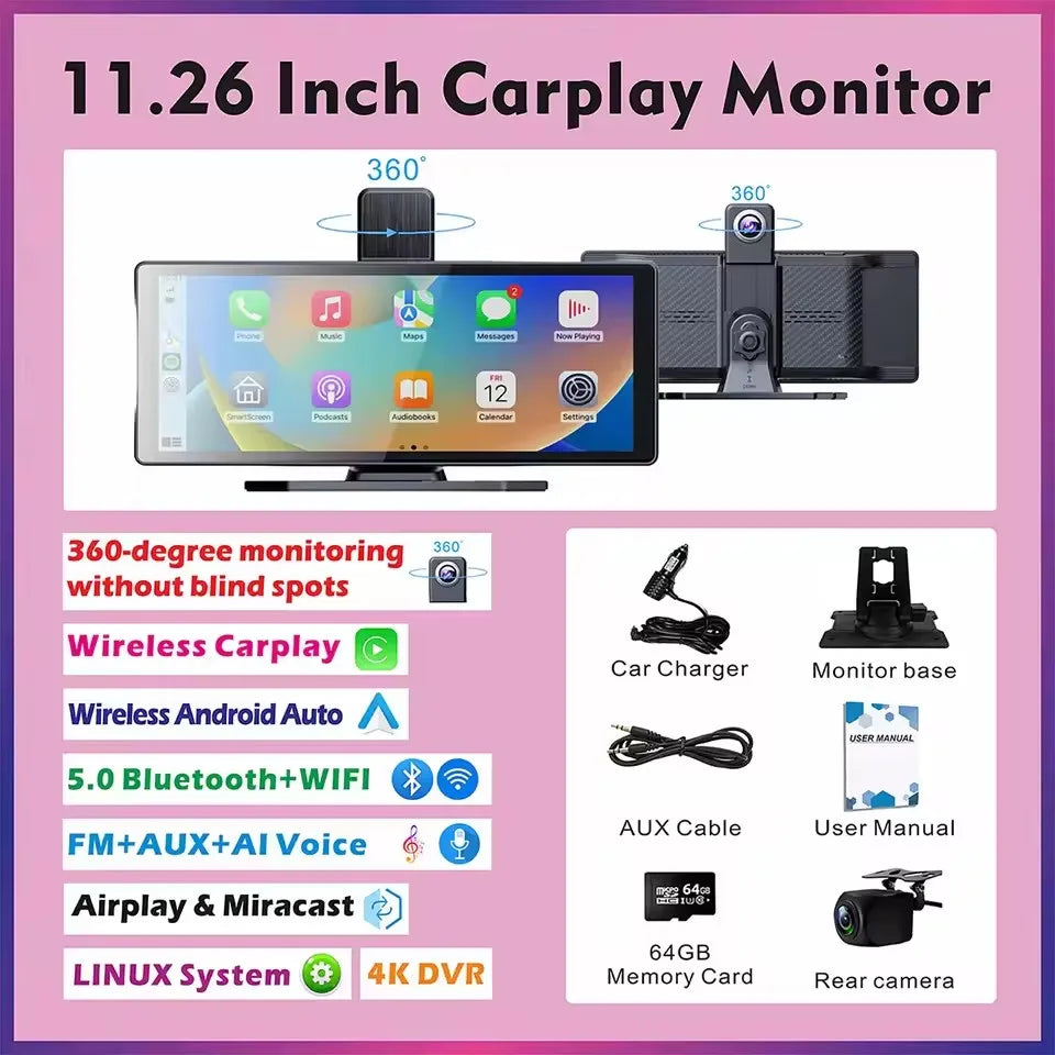 Wireless CarPlay Screen for Car – 10.26" Android Auto Touchscreen Stereo System