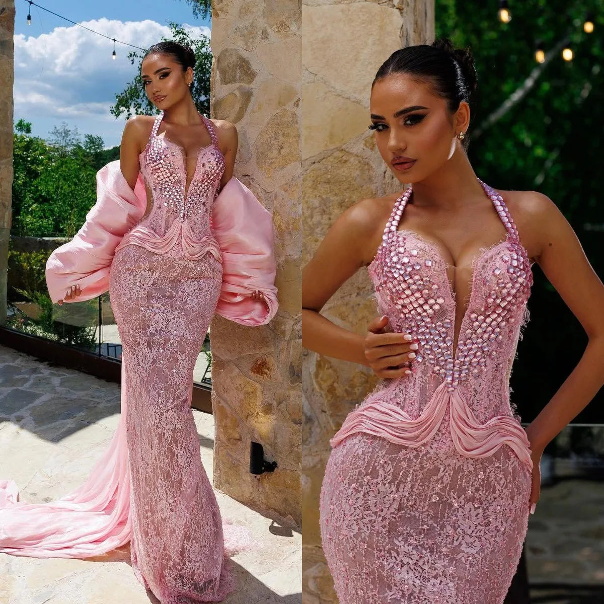 Fashion Evening Dresses For Women Halter Neck Sleeveless Wrap Gown Lace Rhinestone Sweep Train Dress Party Customized vestidos