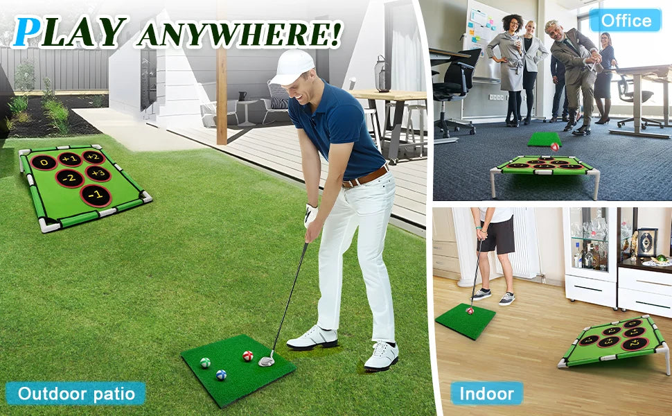 A collage showing a portable mini golf target game in use. The main panel shows a man outdoors on a green lawn putting a golf ball onto a green mat with circular targets.