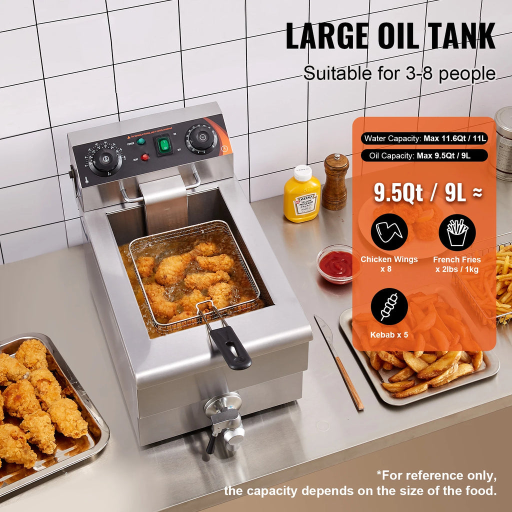 SucceBuy Commercial Electric Deep Fryer — 9.5Qt Stainless Steel Countertop Fryer with Basket, Timer & Temp Control