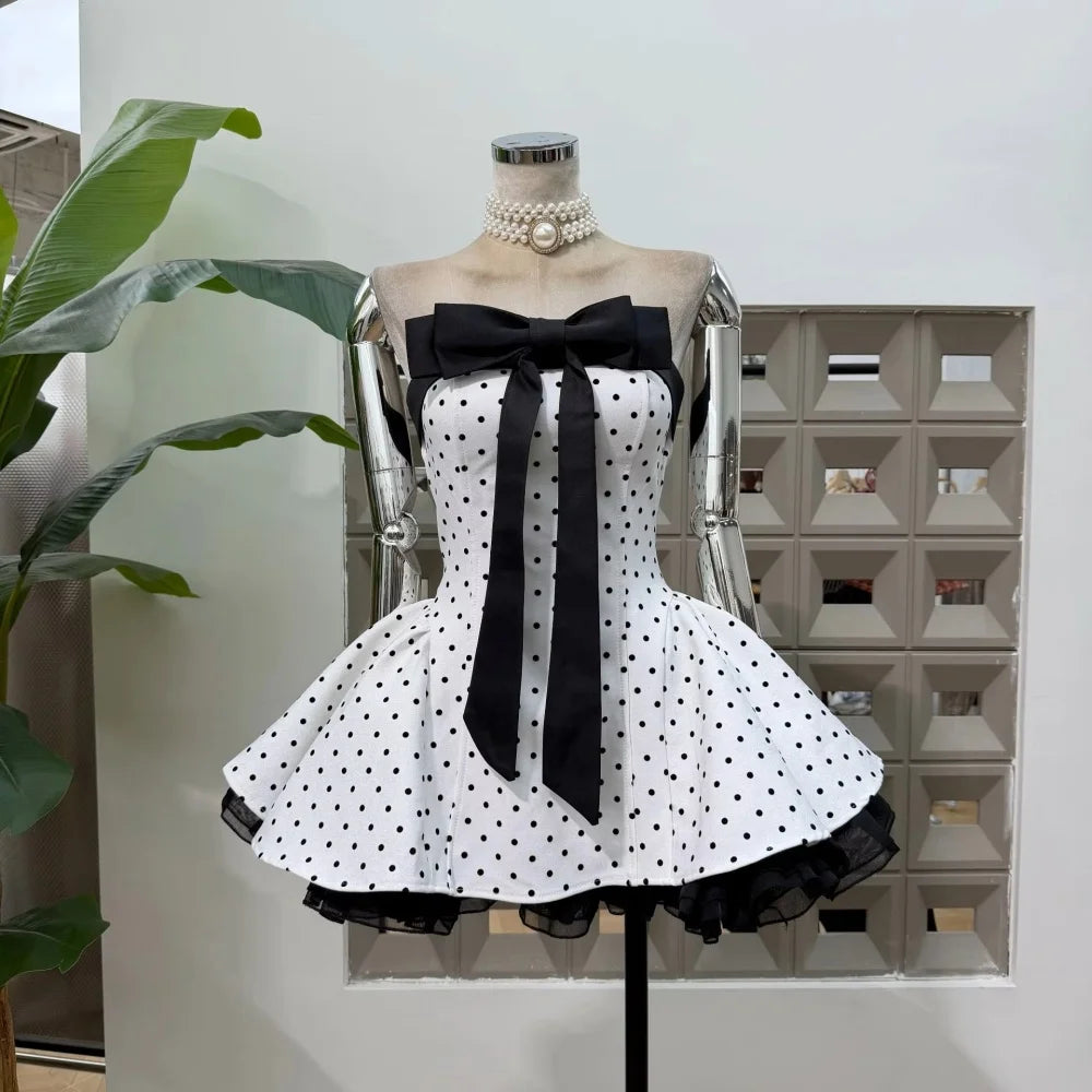 Women's Strapless Backless Polka Dot Bow A-Line Dress – Party Evening Ball Gown