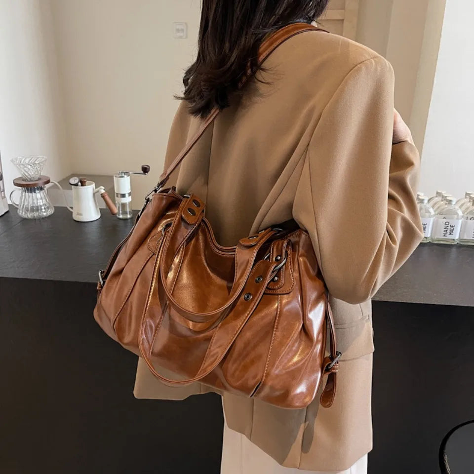 Retro Luxury PU Leather Tote Bag – Large Capacity Solid Color Crossbody Shoulder Bag for Women