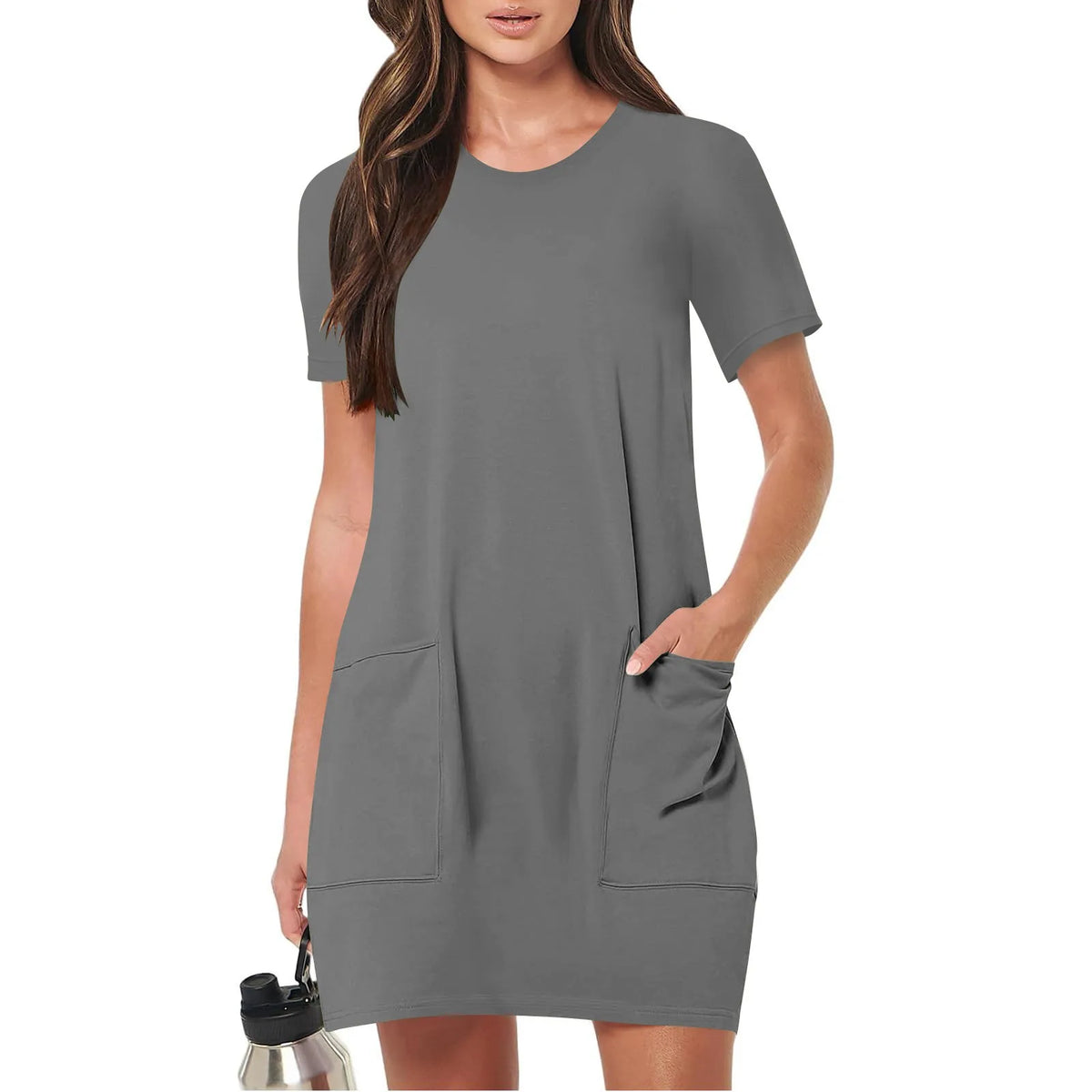 Solid Color Pocket Casual Sports Dress — Short Sleeve O-Neck A-Line Knee-Length Dress