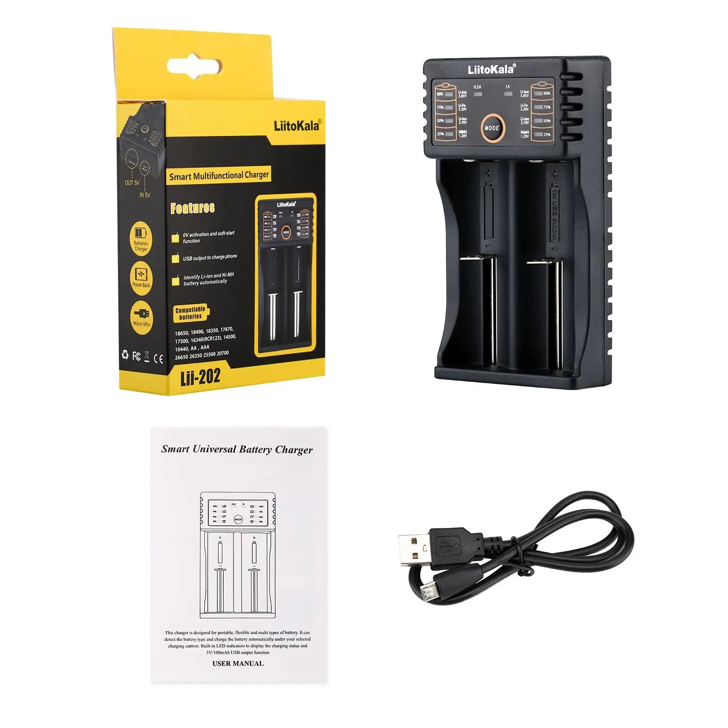 LiitoKala Lii-202 Smart Battery Charger – 18650, 21700, 26650, 14500 NiMH & Li-ion Universal Charger