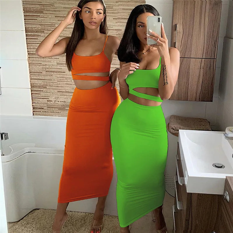 Sexy Pleated Hollow-Out Two-Piece Dress — Elegant Long Night Party Dress
