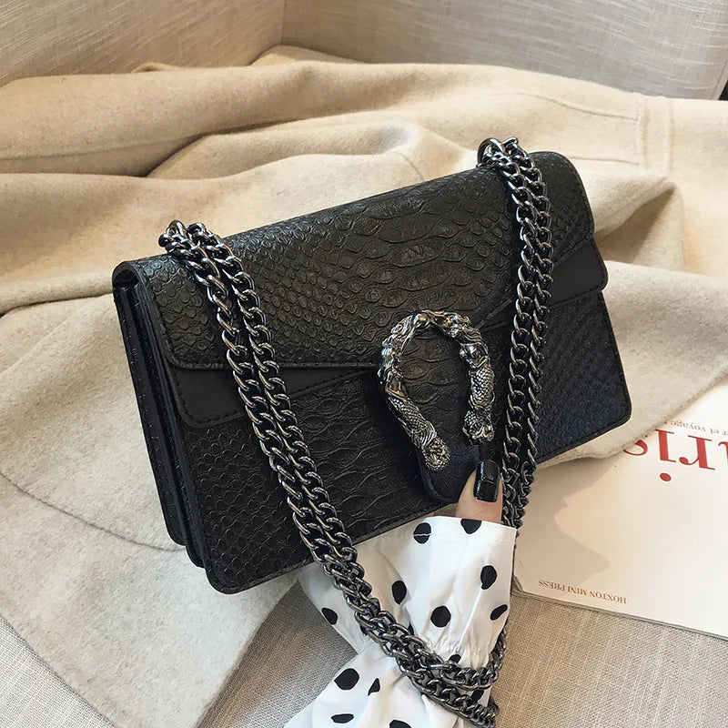 Retro Snake Pattern Chain Crossbody Square Bag – Fashion PU Leather Shoulder Bag for Women